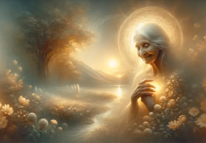 Un ser de luz, como soñar con tu abuela materna fallecida, rodeada de flores y un paisaje etéreo.