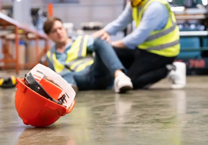 Un lavoratore a terra, un collega preoccupato, un elmetto arancione caduto. Un chiaro segnale di infortunio sul lavoro.