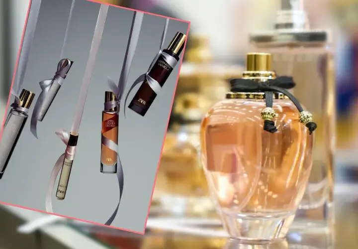 Perfumy Zara Gardenia odpowiednik. Eleganckie flakoniki z wstążkami, w tym "Hypnotic Vanilla" i "Golden Decade", obok dużej, ozdobnej butelki.
