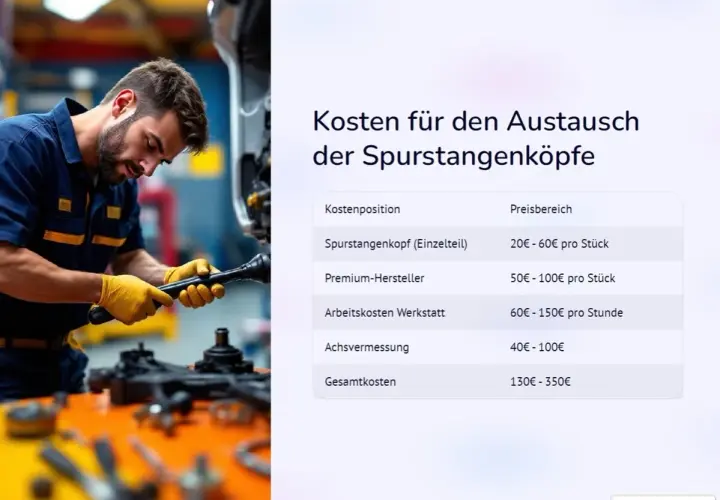 Mechaniker mit Werkzeug arbeitet an Autoteilen, daneben eine Kostentabelle für Spurstangenköpfe.