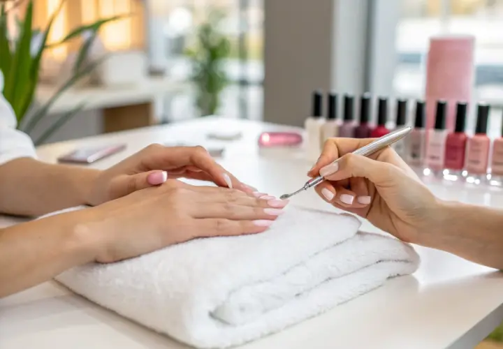 Delikatny manicure hybrydowy w pastelowych kolorach. Dłonie klientki spoczywają na białym ręczniku, podczas gdy stylistka precyzyjnie pracuje nad paznokciami.