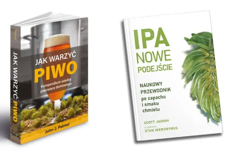 Dwie książki o warzeniu piwa: "Jak warzyć piwo" z kieliszkiem piwa i chmielem oraz "IPA nowe podejście" z chmielem.