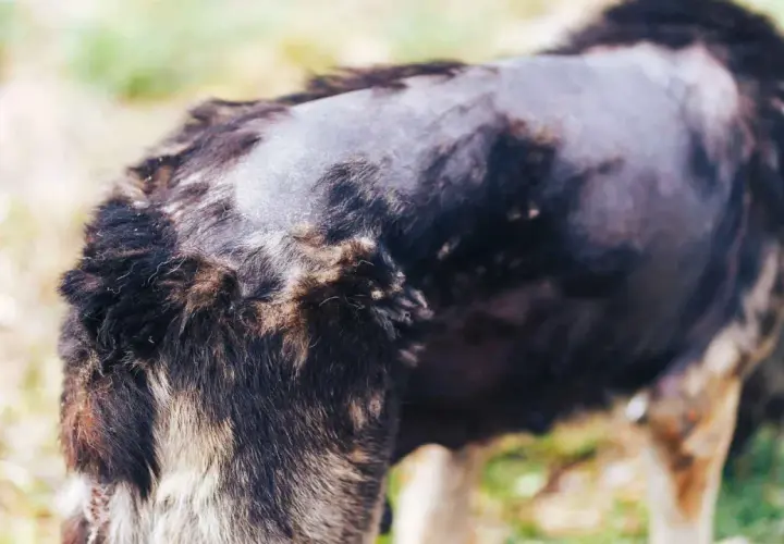 El lomo de un perro muestra calvas y pérdida de pelo, con parches de piel visible.