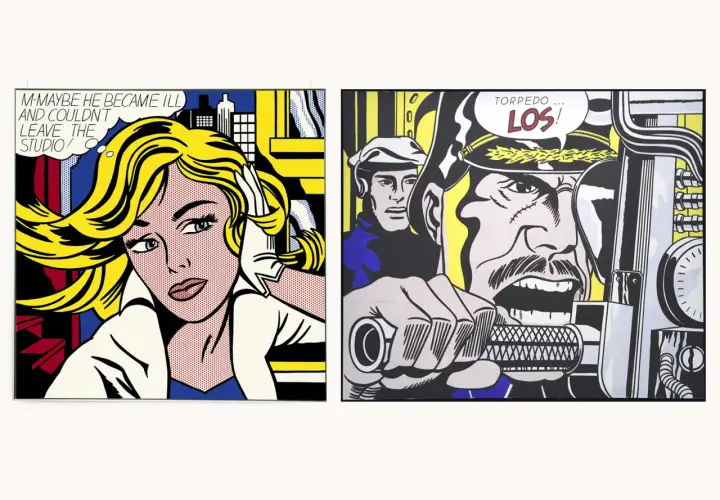 Deux œuvres de Roy Lichtenstein : une femme blonde inquiète et un soldat criant "TORPEDO... LOS!".