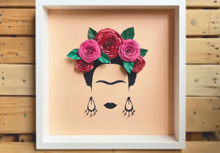 Un cuadro de Frida Kahlo con flores de papel, ideal para inspirar a los niños con arte.