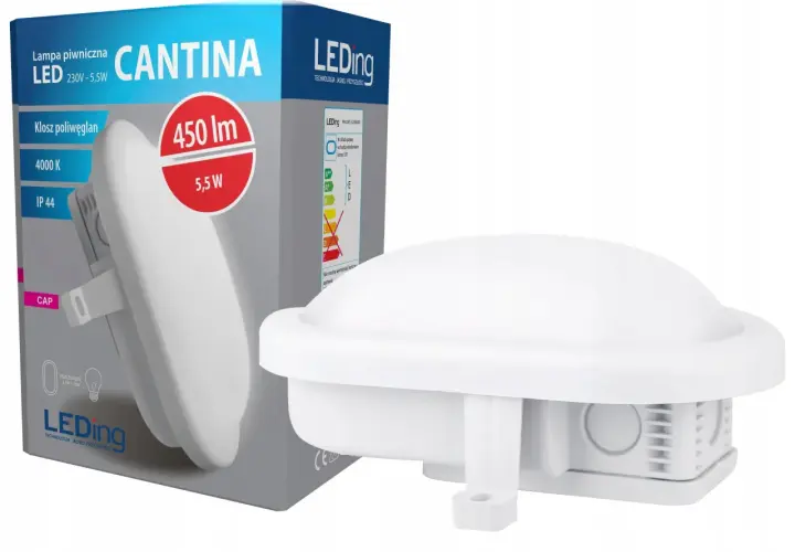 Biała lampa piwniczna LED "CANTINA" o mocy 5,5W, 450 lm, 4000K, IP44. Idealna do piwnicy bez prądu, zapewniająca jasne światło.