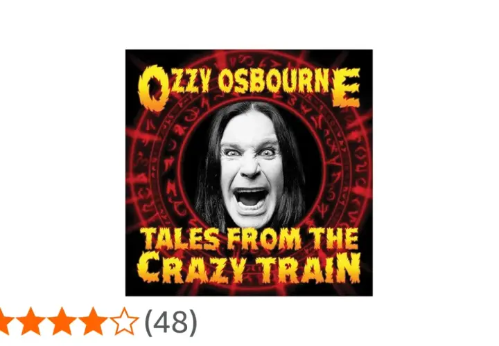 Ozzy Osbourne z otwartymi ustami na tle czerwonego okręgu z symbolami i napisem "Tales from the Crazy Train".