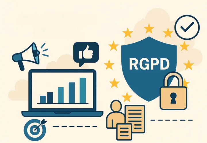Icônes de marketing et de conformité RGPD pour une campagne numérique réussie : mégaphone, graphique, cible, pouce levé, bouclier, cadenas et étoiles.