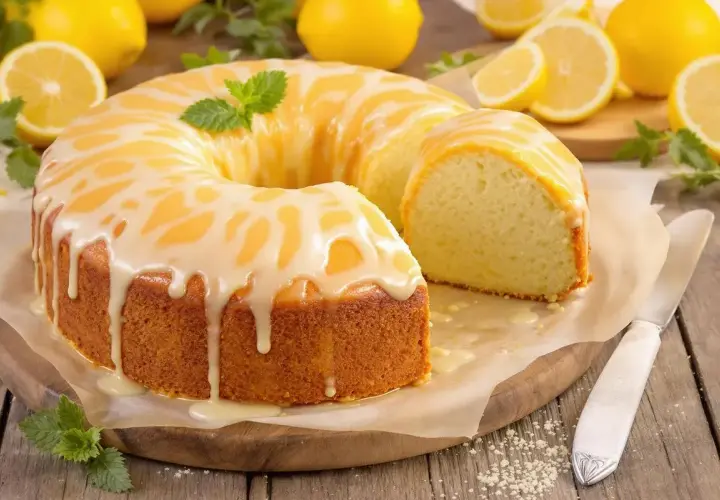 Un délicieux cake au citron, nappé d'un glaçage blanc et jaune, décoré de menthe fraîche. Des citrons entiers et coupés entourent ce gâteau savoureux.
