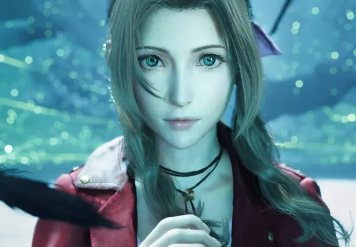 Aerith z Final Fantasy VII Rebirth z zielonymi oczami i w czerwonej kurtce, w tle migoczące światła.