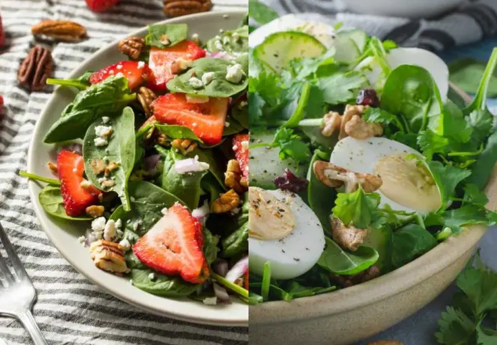 Dos ensaladas de espinacas: una con fresas, nueces y queso feta; la otra con huevo duro, pepino y cilantro.