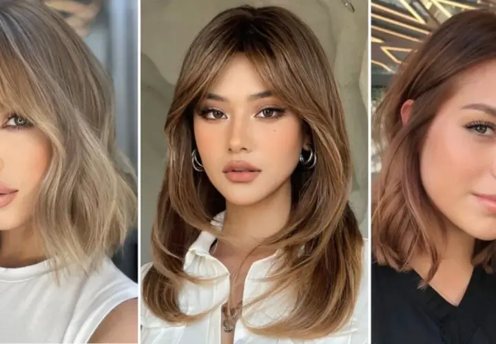 Tres mujeres con estilos de corte de pelo que favorecen la cara ovalada. Cortes modernos y favorecedores.