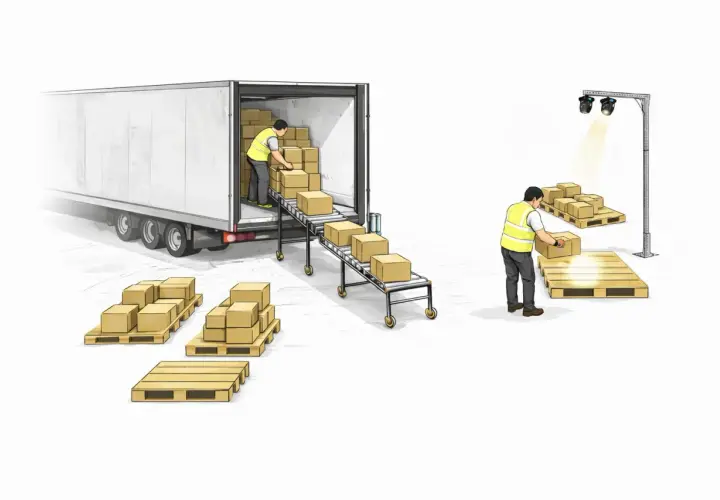 Lagerarbeiter beladen einen LKW per Förderband. Ein weiterer Mitarbeiter sortiert Pakete für den multi order picking Prozess.