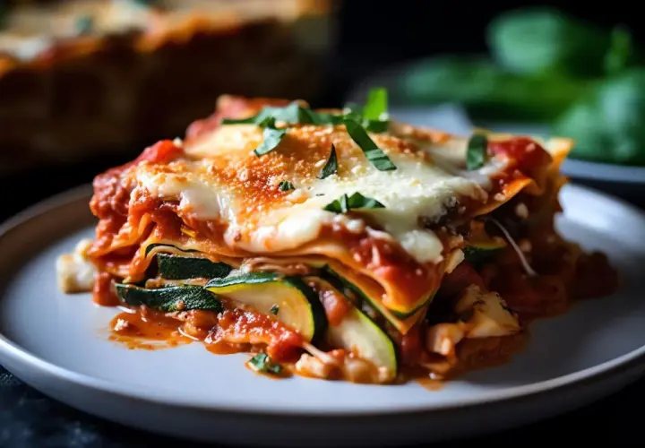 Une part généreuse de lasagne légume du soleil, avec des couches de courgettes, sauce tomate et fromage fondant, garnie de basilic frais.