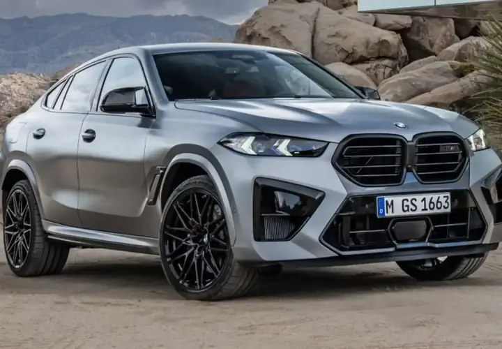 Srebrne x6 BMW z czarnymi felgami na tle skalistego krajobrazu.