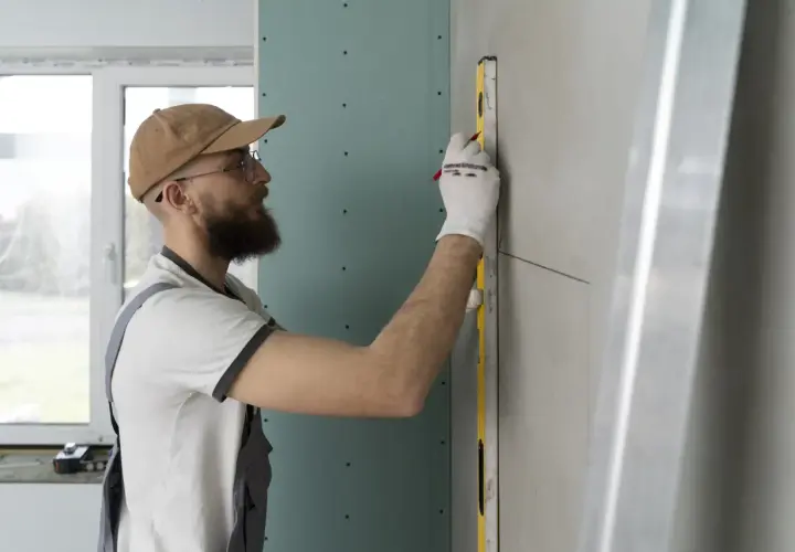 Operaio con livella e matita segna il muro per insonorizzare una stanza dai rumori esterni. Lavori di ristrutturazione in corso.