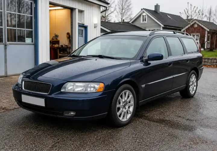 Mörkblå Volvo V70 2.0 Flexifuel står parkerad utanför en verkstad. Kanske är det ett problem med bilen som behöver åtgärdas.