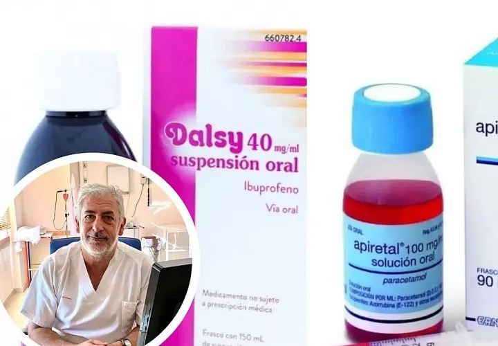 Dalsy es ibuprofeno, no paracetamol. Un médico sonríe junto a cajas de Dalsy y Apiretal.