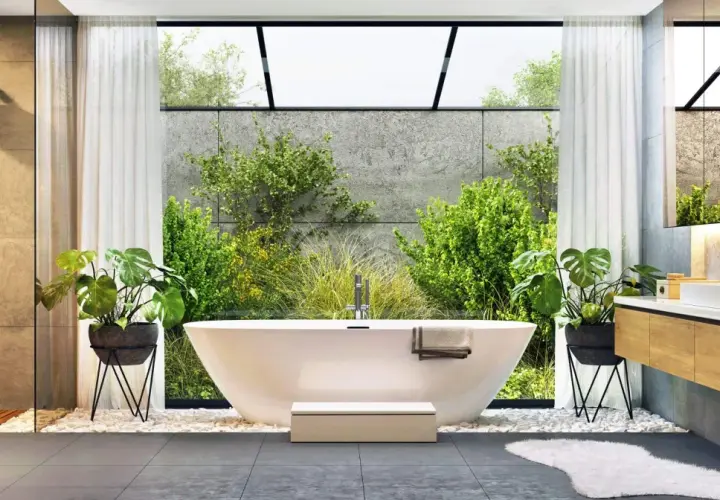 Modernes Badezimmer mit freistehender Wanne, Dusche und viel Grün. Eine wahre **Badezimmer Wellness Oase** mit Blick ins Grüne.
