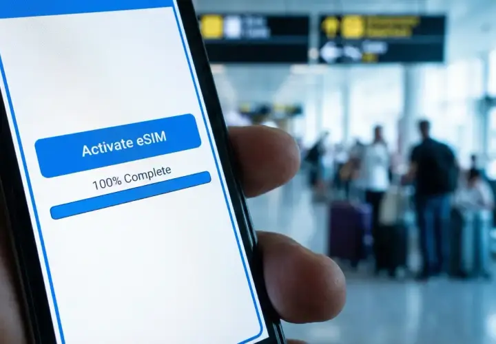 Aktywacja eSIM na telefonie w tle lotniska, gotowość do podróży i roaming Ukraina.