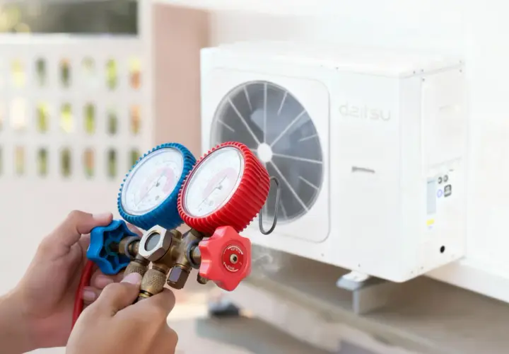 Manos sostienen manómetros conectados a un aire acondicionado Daitsu. Los aires acondicionados vienen con gas, esencial para su funcionamiento.