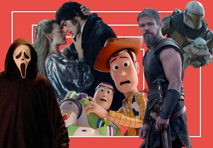Postacie z filmów: Duch, para zakochanych, Woody i Buzz Astral, Mandalorianin z Grogu, mężczyzna w zbroi.