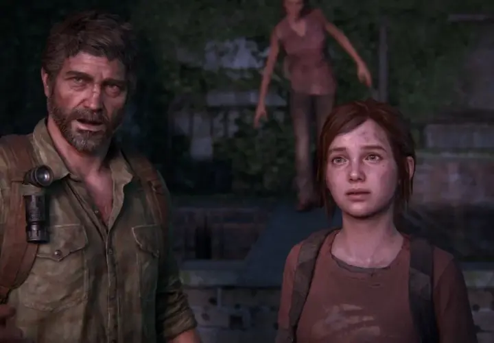 Joel i Ellie z gry The Last of Us Remastered, w tle widać zagrożenie.
