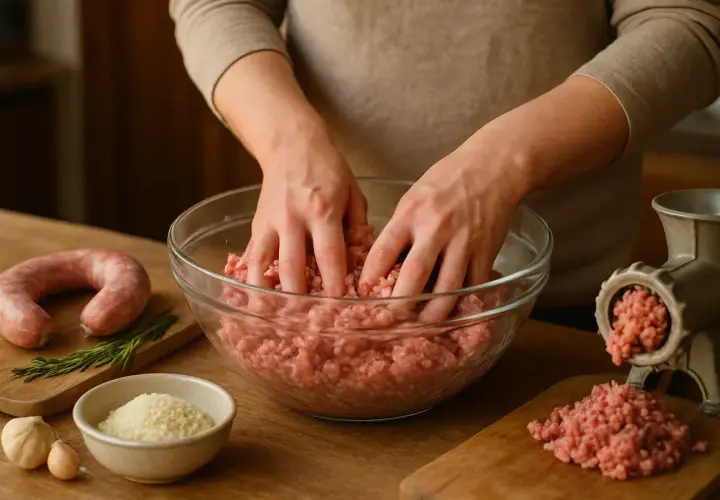 Préparation d'une recette avec du saucisson sec. Mains mélangeant de la viande hachée dans un bol, avec des ingrédients comme de l'ail et du fromage râpé à proximité.