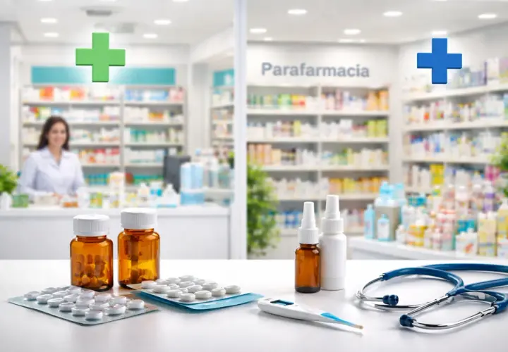 Farmacia con scaffali pieni di prodotti. Sul bancone, integratori, blister di pillole, spray nasali, termometro e stetoscopio. Gli integratori sono parafarmaci.