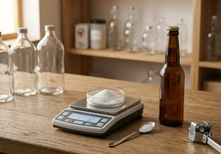 Balance de précision pesant une poudre blanche, peut-être la formule sucre pour une boisson. Bouteilles vides et une bouteille de bière ambrée à proximité.