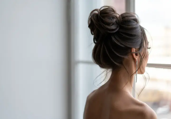 Elegancki messy bun jak zrobić? Luźno upięte włosy, delikatne pasma opadające na ramiona, długie kolczyki.