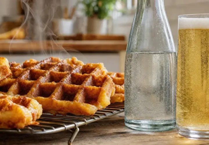Gaufres croustillantes fumantes sur une grille, accompagnées d'une bouteille d'eau pétillante et d'un verre de bière dorée. Parfait pour une recette de gaufres croustillantes.