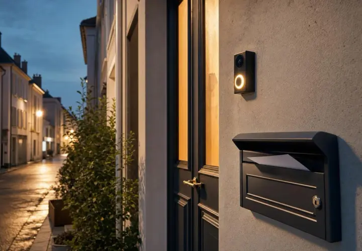 Sonnette connectée avec éclairage, boîte aux lettres et rue pavée la nuit. Un repérage discret pour dissuader tout cambriolage.