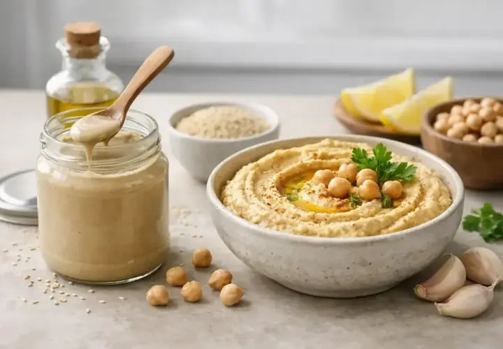 Pyszny hummus z ciecierzycy i tahini, podany z cytryną i czosnkiem. Tahini co to? To pasta sezamowa, kluczowy składnik tej potrawy.