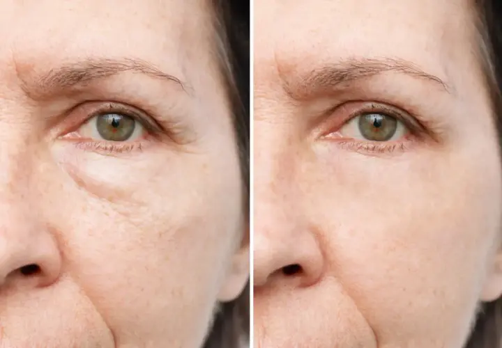 Comparación de ojos: antes y después de aplicar un método para como drenar las bolsas de los ojos. Se observa una piel más lisa y firme.