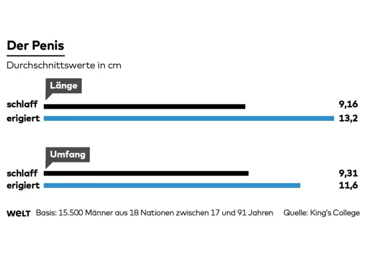 Durchschnittliche Penis-Länge: schlaff 9,16 cm, erigiert 13,2 cm. Umfang: schlaff 9,31 cm, erigiert 11,6 cm.
