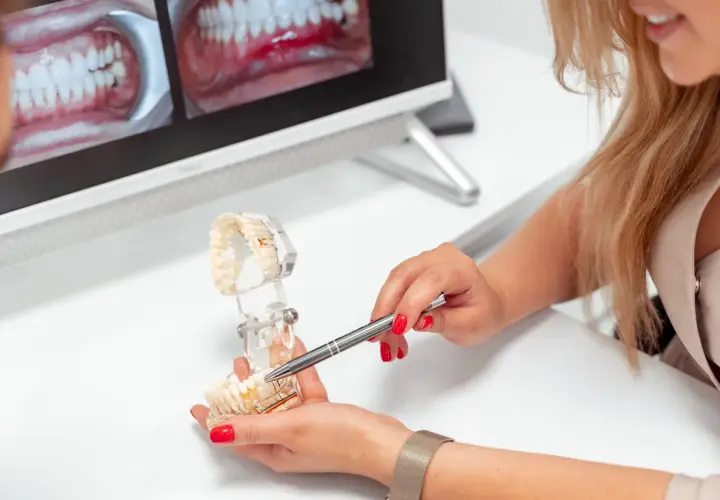 Dentystka omawia na modelu, ile trwa założenie korony na zęba. Na ekranie widać zdjęcia uzębienia.