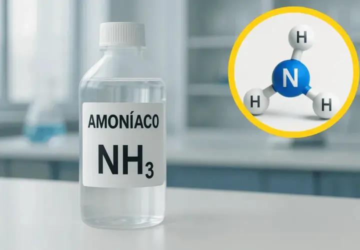 Botella con amoníaco (NH₃) y modelo molecular. Descubre las propiedades del amoniaco.