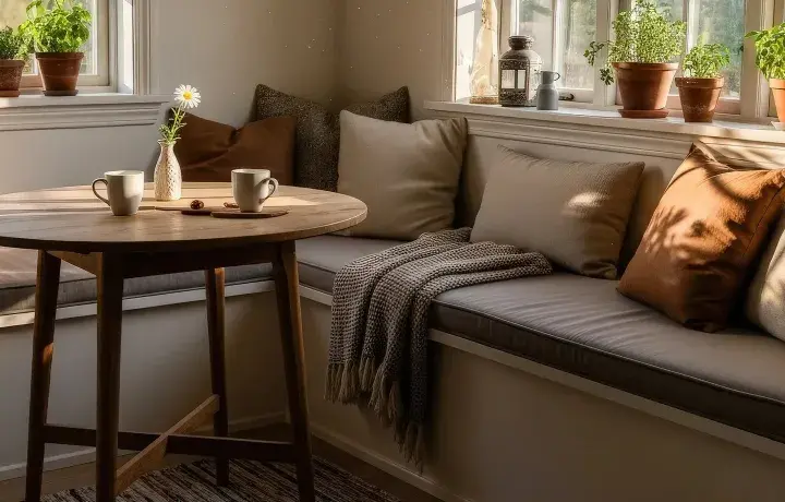 Gemütliche Ecke mit Kissen und Decke, inspiriert vom Gedanken, eine **Eckbank selber bauen** zu wollen. Ein runder Tisch mit Tassen und einer Blume.