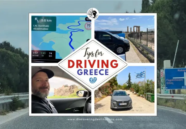 Tips for driving in Greece: navigation, ancient ruins, and scenic routes. Is it easy to drive in Greece? This collage shows diverse landscapes and road signs.