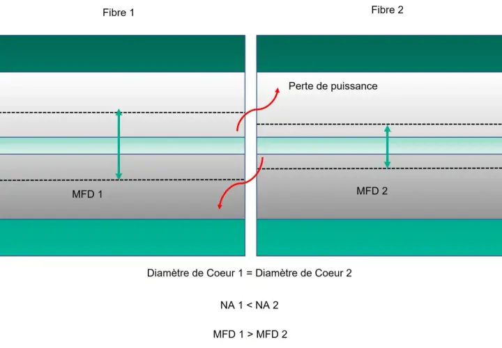Comparaison de deux fibres optiques. Le diamètre de cœur est identique, mais la Fibre 2 subit une perte de puissance due à un MFD plus grand.