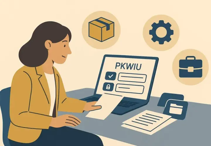 Kobieta pracuje przy komputerze, wpisując dane do systemu PKWIU. Ikony symbolizują branże, a dokumenty i teczka sugerują analizę danych.