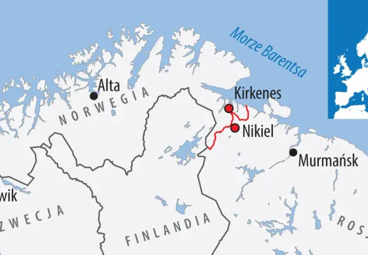 Mapa pokazuje, z kim graniczy Norwegia: Szwecja, Finlandia i Rosja. Widać też Morze Barentsa.