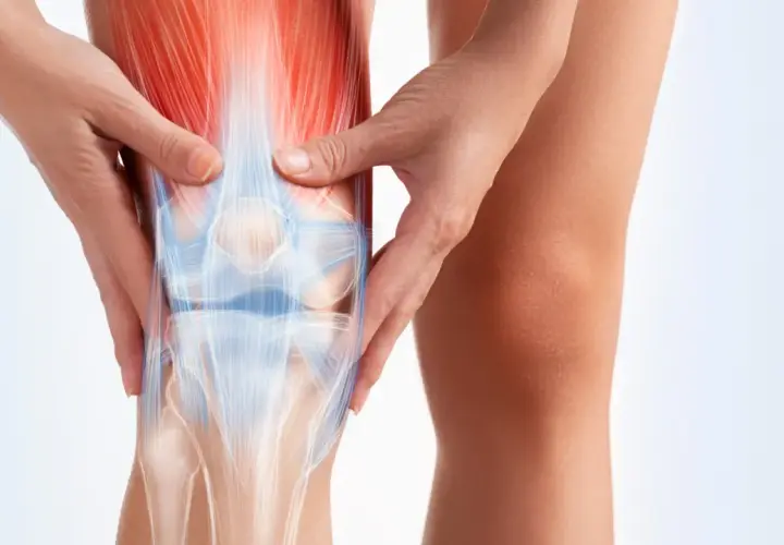 Manos que alivian dolores musculares y articulares en la rodilla, mostrando la anatomía ósea y muscular.