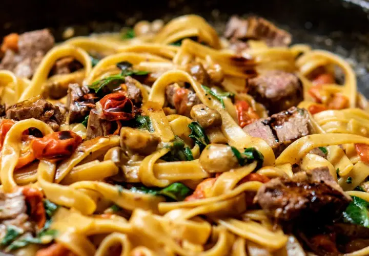 Un plat de pâtes tagliatelles avec des morceaux de bœuf, des tomates cerises et des champignons. Une excellente idée recette pâtes pour un repas savoureux.