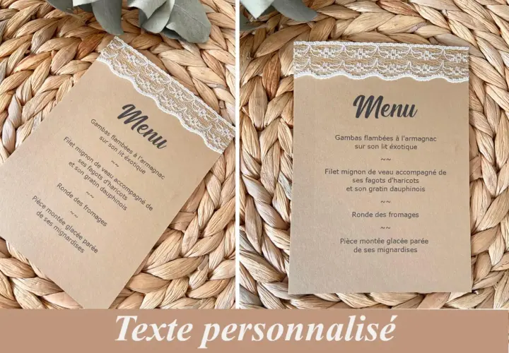 Menu mariage champêtre sur fond de paille tressée, avec dentelle blanche. Le menu propose gambas, filet mignon, fromages et pièce montée glacée.