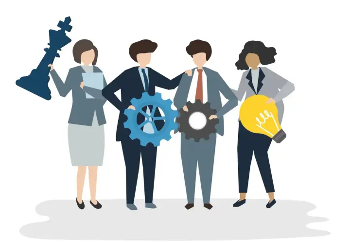 Teamwork illustrates how chain of command works: a king chess piece, gears, and a lightbulb symbolize strategy, execution, and innovation.