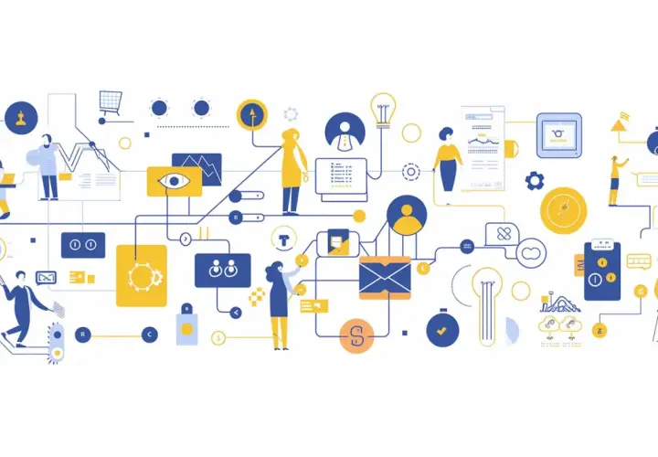 Illustration d'un réseau complexe de processus, symbolisant la publicité programmatique. Des icônes et des personnages interagissent dans un flux de données.