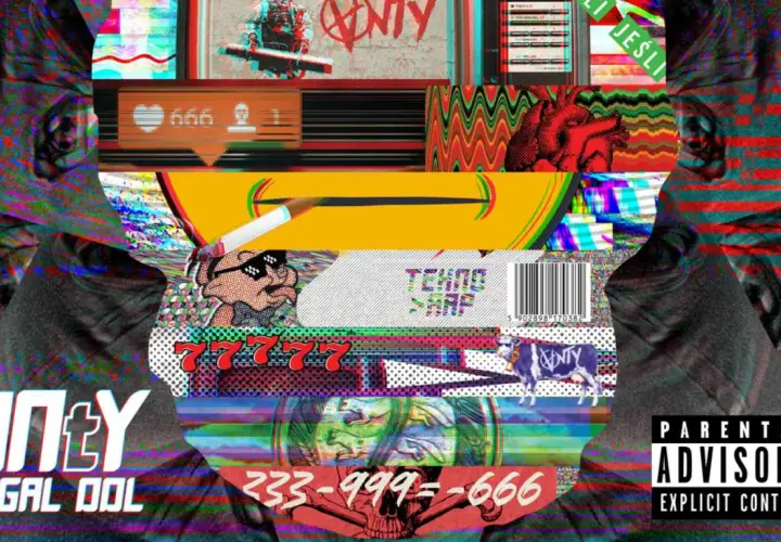 Rogal DDL wiek. Glitch art z twarzami, cyframi 666, symbolem anty, krową i napisem "ANTY".