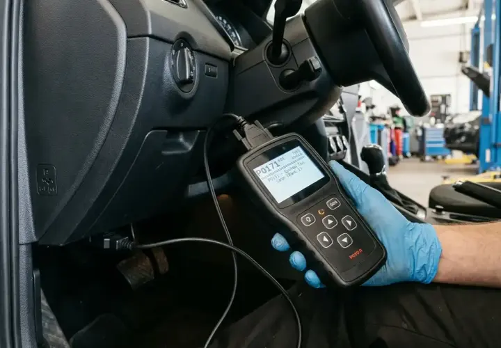 Mechanik w rękawiczce diagnostycznej sprawdza kod błędu P0171 w samochodzie.